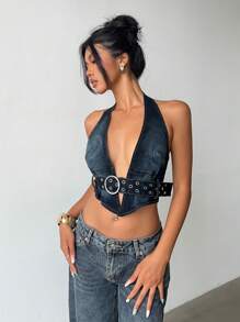 Aloruh Top corto de denim con escote en V profundo y cuello halter anudado, top de verano, sexy para club, para salir de noche - Lavado ligero - Ver 6
