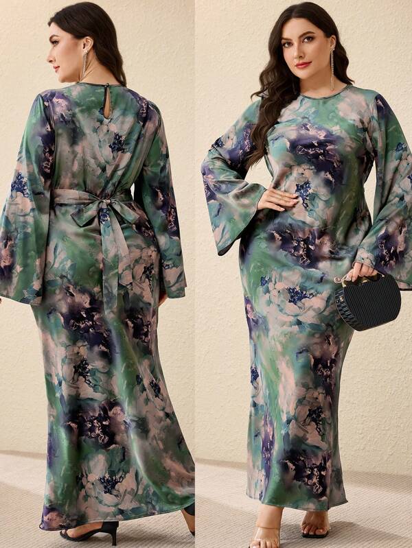 Veilorie Plus Size Round Neck Blouson Sleeve All-Over Floral Print Elegant Dress