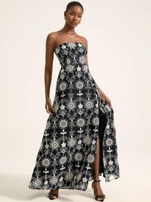 Aveloria Rosie Robe longue élégante d'été pour femmes avec fente, ajourée, broderie perlée. Robe maxi noire très évasée et sans bretelles pour vacances