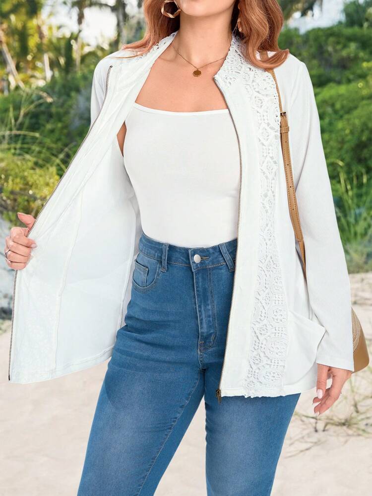 Plus Size Stand Collar Knit Striped Color Block Water Soluble Lace Insert Double Pocket Front Zip Women Jacket, Suitable For Early Autumn White Lace Jacket Fall Women Clothes Winter Clothes For Women Winter Jacket