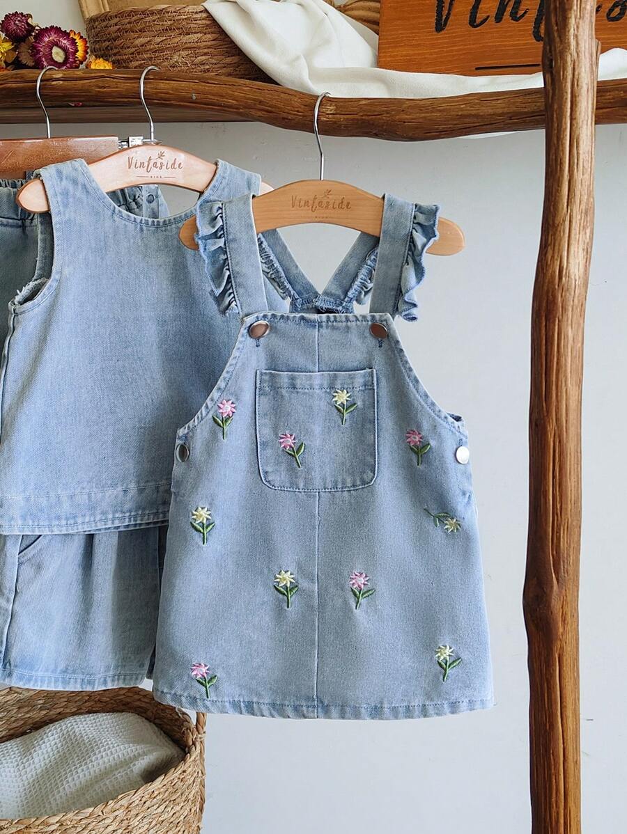 SHEIN Vintaside Kids 婴儿/女宝宝刺绣花卉牛仔连衣裙，背带裙，乡村度假风格，可爱时尚百搭，春夏 - 藍色 - 查看 1