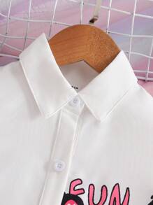 Young Girls Big Pattern Shirt Collar Short Sleeve Casual Dress, Suitable For Home, Leisure, Outdoor & Social Occasions, Spring & Summer Shirts For Kids Girls Cute Shirts For Girls Young Girl Summer Tops