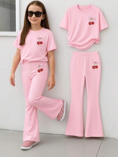 Elladie kids 2 件套 Tween 女童休闲樱桃水果图案短袖 T 恤和短裤套装，春夏季运动装