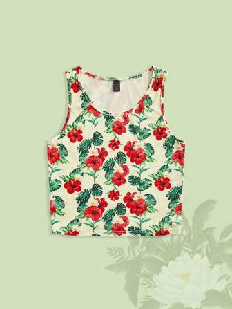 The White Lotus Women's Summer Vacation Hibiscus Leaf Floral All Over Print Tank Top