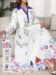 Al Najma 女式宽松长袖衬衫领数码印花连衣裙，端庄 - 彩色 - 查看 1