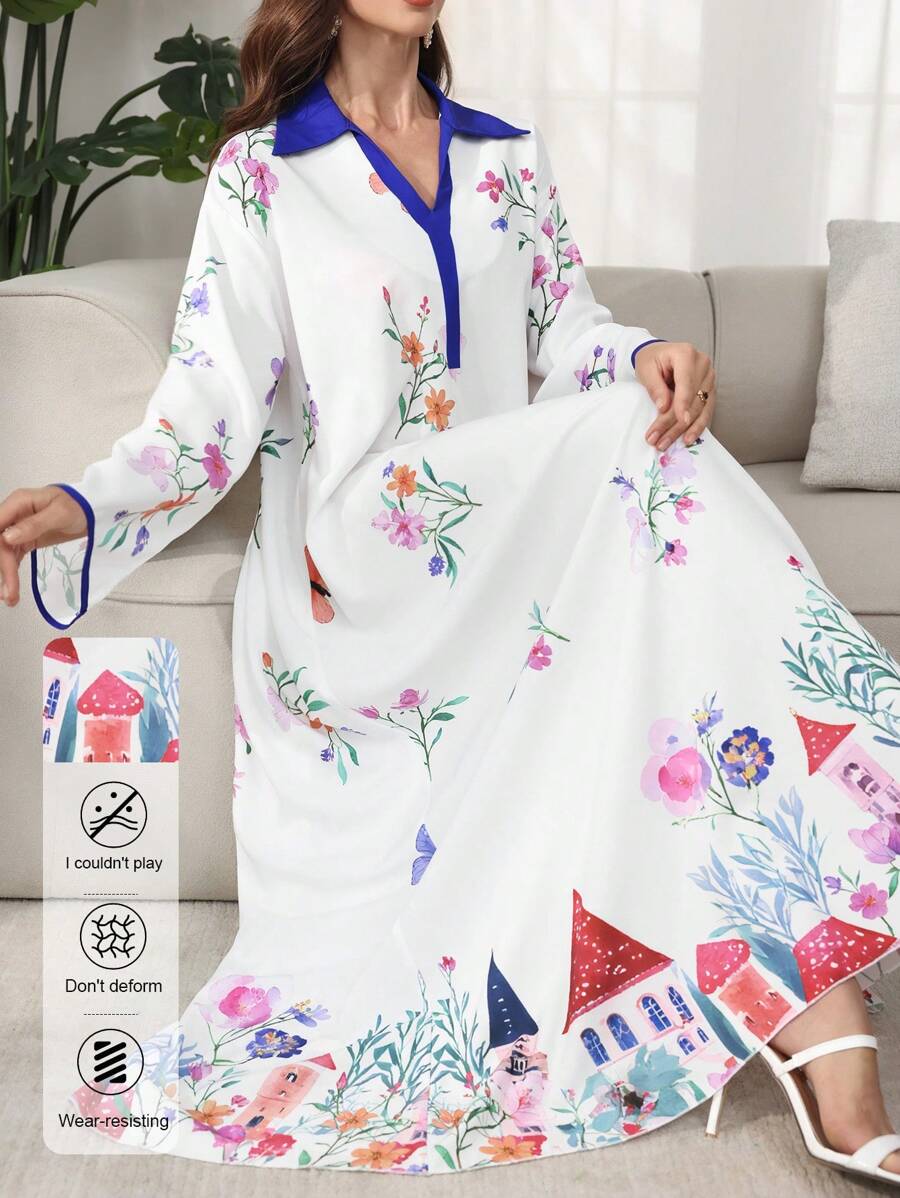 Al Najma 女式宽松长袖衬衫领数码印花连衣裙，端庄 - 彩色 - 查看 1