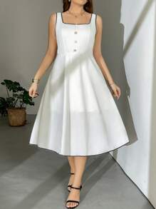 SHEIN Clasi Curve Plus 女式浪漫日常优雅方领撞色边缘腰部纽扣装饰修身 A 字型白色连衣裙，女士生日连衣裙，商务休闲女士，白色连衣裙优雅大方，女士教师服装，女士街头服饰，女士端庄连衣裙，茶会连衣裙，白色连衣裙，女士白色连衣裙，女士夏季服装，夏季，女士度假服装，度假，女士夏装，外出，大码女装，服装，Curve Plus - 白色 - 查看 7