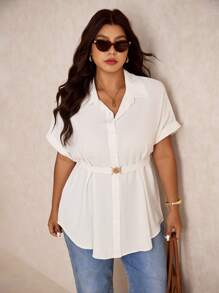 Elaquor Plus Size Casual Commuting Metal Buckle Waist Batwing Sleeve Blouse - White - View 1