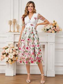 Ellevyn 浪漫玫瑰刺绣透明网眼中长连衣裙，优雅的夏季婚礼 - 彩色 - 查看 9