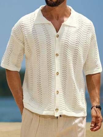 Manfinity Nomadique Herren Lochmuster Strick Kurzarm Lässig Loose Beach Resort Top, einfarbig