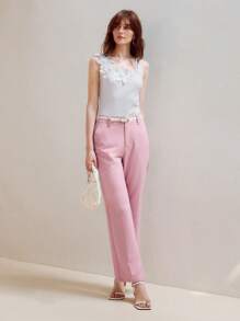 MOTF STUDIO SOLID SLANT POCKET SEAM FRONT FLARE LEG SUIT PANTS - Pink - View 5