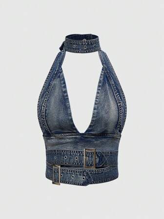 Grunge Punk Sujetador denim halter con escote profundo en la espalda, detalles de hebilla y lavado vintage, estilo sexy crop top Y2K