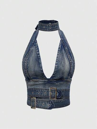 Grunge Punk ملابس علوية محصول Y2K مثير، متفتح الظهر ذو فتحة V عميقة، مزود بإبزيم، جينز شرابة كحلي رجعي مغسول