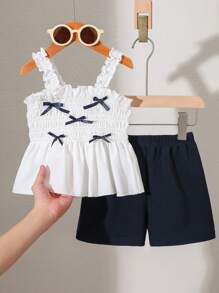 Young Girl Summer Fashion Bow Decor Camisole & Shorts Set - White - View 3