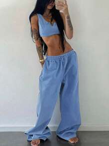 INAWLY 2 pezzi/set top corto senza maniche a scollo a V e pantaloni della tuta per donna, colore unito