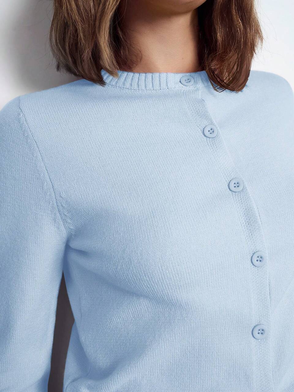 SHEIN Maija Women's Elegant Light Blue Round Neck Long Sleeve Button-Front Minimalist Knit Cardigan,Chic Office Autumn Lightweight Top For Vacation Graduation