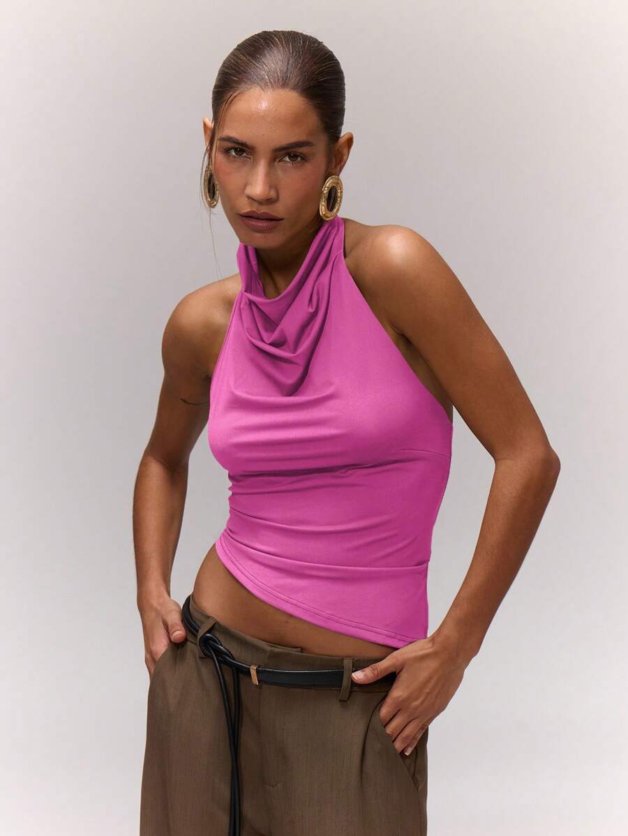 MUSERA Draped Halter-Neck Top Romantic Festival Holiday Western Night Out Going Out Tops Club - Hot Pink - View 1
