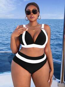 Slaydiva 大码女式两件套泳衣，纯色拼接聚拢加厚文胸宽肩带搭配高腰三色泳裤，时尚性感沙滩度假比基尼套装