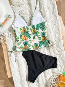 Swim Vcay The White Lotus Conjunto de tankini estampado de 2 piezas con cordón lateral, ropa de playa de moda para vacaciones - Multicolor - Ver 5