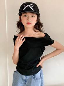 Dazy Kids 青少年女孩露肩修身短袖 T 恤，夏季，返校服装 - 黑色 - 查看 8