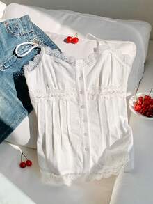 Comfortcana Áo hai dây thiết kế nút ren tương phản thời trang cho nữ - trắng - Xem 5