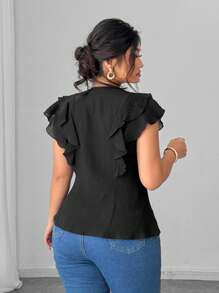 SHEIN Unity 加大码无袖荷叶边领性感优雅办公室女士甜美衬衫 - 黑色 - 查看 6