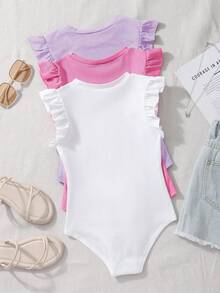 SHEIN 3pcs Tween Girls Set Of Casual Cap Sleeve Rompers - Multicolor - View 2