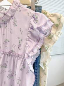 SHEIN Clasi Camicia stampata da donna casual da vacanza con balze, fiori piccoli e senza maniche, camicia casual estiva, camicia floreale, camicia floreale senza maniche con balze