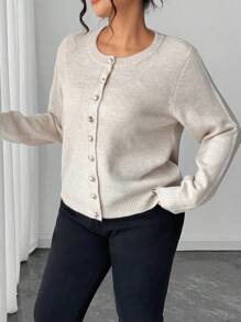 Elenzga Plus Size Casual Solid Color Gold Button Long Sleeve Cardigan Plus Size Cardigans Button Up Cardigan Women Sweaters Grey Cardigan Fall Winter Cloth For Women Autumn