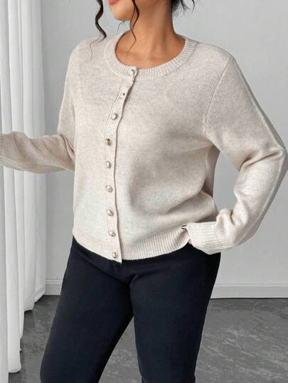 Elenzga Plus Size Casual Solid Color Gold Button Long Sleeve Cardigan Plus Size Cardigans Button Up Cardigan Women Sweaters Grey Cardigan Fall Winter Cloth For Women Autumn