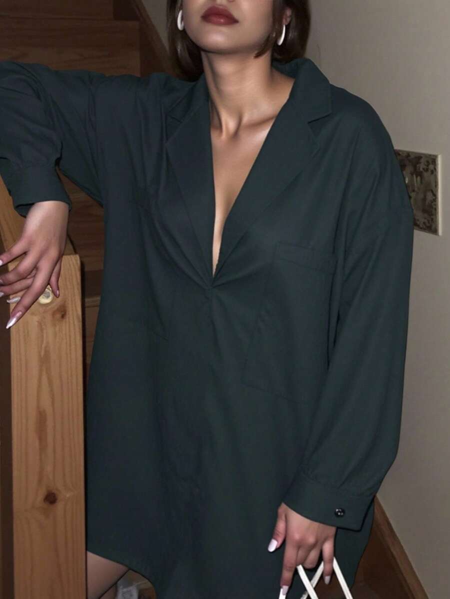 SHEIN Plus Size Women's Solid Color Simple V-Neck Maxi Dress, Summer Fall Cloth For Women - Black - View 1