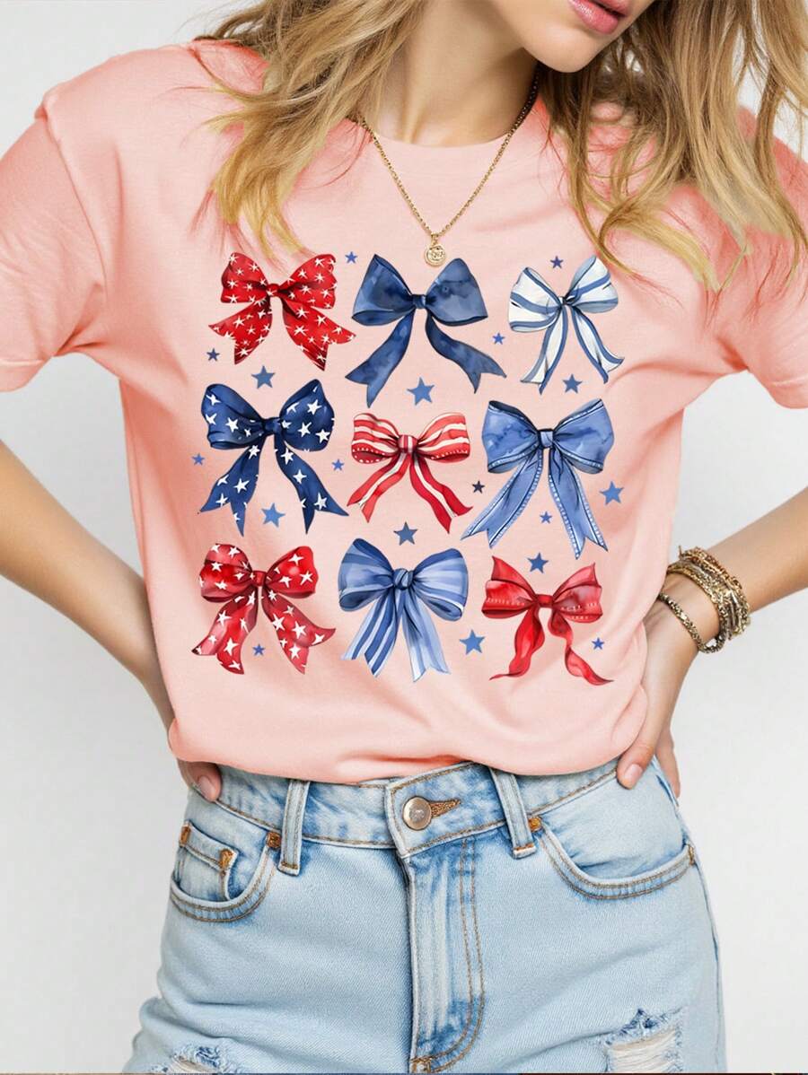 INAWLY Women's T-Shirt With Comfortable Colorful Bow Design, Suitable For Independence Day - Baby Pink - View 1