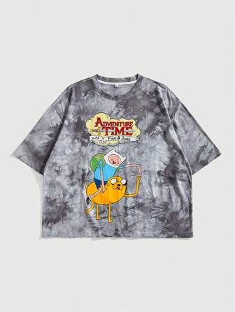 Adventure Time X ROMWE Tee-shirt court ample à épaules tombantes avec motif de dessin animé et lettres tie-dye décontracté pour hommes, été
