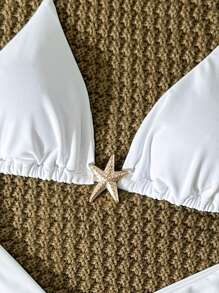 Swim Mod Bộ bikini dây mảnh trang trí kim loại màu trơn gợi cảm cho nữ, mùa hè - trắng - Xem 4