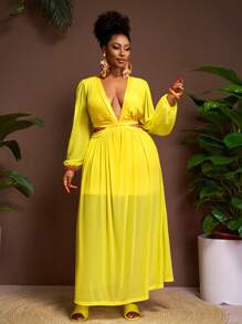 Veslaya 2015 New Vacation Party Going-Back-To-School Season Light Yellow Sheer Lace Hollow-Out Waist Maxi High Split Dress, Plus Size - Yellow - View 6
