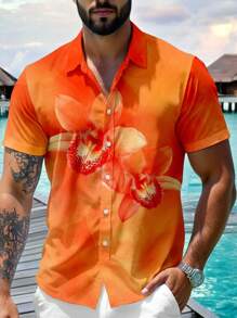 Manfinity RSRT Fashion Casual Mature Tropical Plant Floral Allover Digital Print Pattern Regular Fit Short Sleeve Shirt For Men, Suitable For Summer Outdoor Beach City Vacation Date Party Essential, For Couple Family, Great Gift For Boyfriend Orange Floral Shirt Orange Shirt Men Orchid Shirt Luau Shirt - Orange - View 5