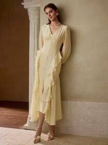MOTF PREMIUM V-NECK LONG SLEEVE WAIST CINCHED RUFFLED ASYMMETRIC HEM DRESS, MINIMALIST - Apricot - View 6
