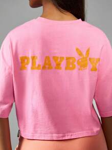 Missguided x Playboy 短款时尚 T 恤经典宽松夏季上衣宽松版型图案徽标短袖棉混纺街头服饰春季时尚