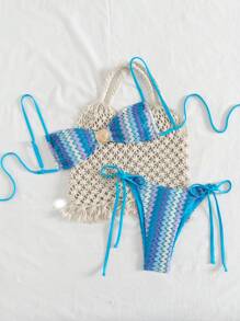 Swim SXY Damski letni dzianinowy kostium kąpielowy Resort Beach Spaghetti Strap Shell Metalowy dekoracyjny zestaw bikini z wiązaniem po bokach - Wielokolorowe - Zobacz 5
