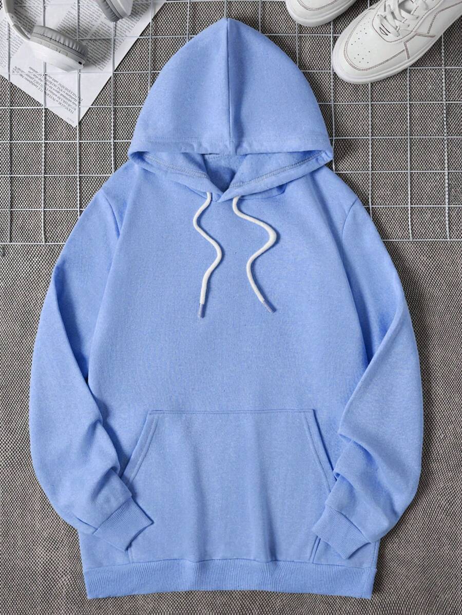 EURMUSE Hoodie De Color Sólido Para Hombre Con Cordón - Celeste - Ver 1