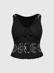 ROMWE Goth Vintage Dunkel Mond & Stern Symbol Graphic Kapuzenoberteil für Große Größen Damen