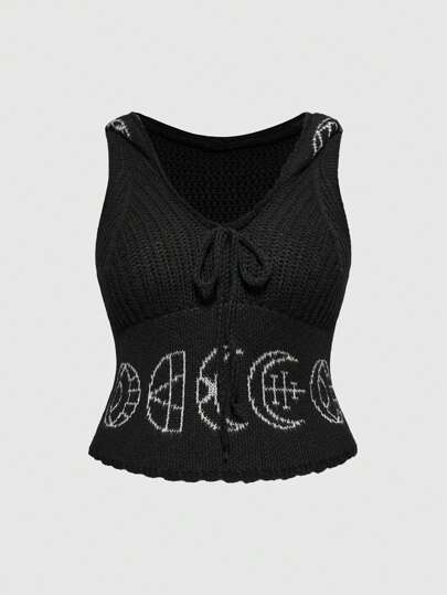 Goth Dark Vintage Moon & Star Symbol Graphic Hoodie Knit Top For Plus Size Women