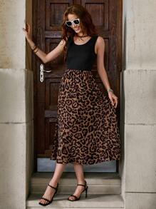 Solivie Casual Leopard Printed Splice Sleeveless Dress Fall Women Outfits,Summer Dresses For Women Summer Dresses For Women Spring Outfit Women Going Out Tops For Women Vacation Outfits Women Leopard Print - Black - View 8