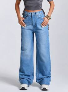 EURMUSE Gerade geschnittene, hochgeschnittene Jeans mit einfarbiger Schrägttasche, Lässig - Mittele Waschung - Übersicht 4