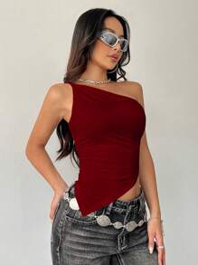 Flirla 女式纯色褶饰不对称下摆修身无袖上衣