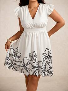 Elaquor Plus Size Women Summer Floral Print V-Neck Ruffle Hem Dress - Apricot - View 5