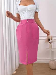Falda casual de largo medio, sencilla, para uso diario - Rosa Fucsia - Ver 7