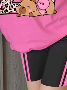 SHEIN 2 件套青少年女孩休闲甜美酷炫运动、学院风、可爱卡通动物水豚蝴蝶结、豹纹、数字 23、拼布短袖 T 恤和短裤套装，适合夏季 - 彩色 - 查看 5