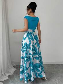 Elenzga Váy xòe in họa tiết chắp vá cổ chữ V giản dị cho nữ, màu xanh lam - Màu xanh ngọc - Xem 2