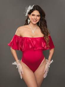 SHEIN Maternity Photoshoot Ruffle Collar Romper, Red - Red - View 4